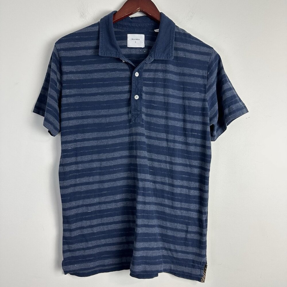 Billy Reid Polo Shirt Mens Large Blue Striped Lightweight Stretch Casual